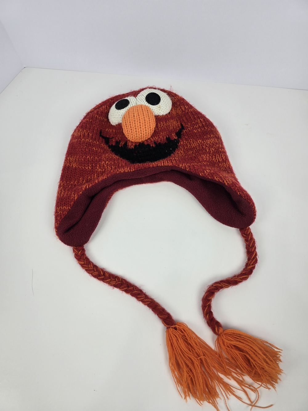 Sesame Street Elmo Knit Trapper Hat OSFM Red Ear Flap Fleece Lined Tassels